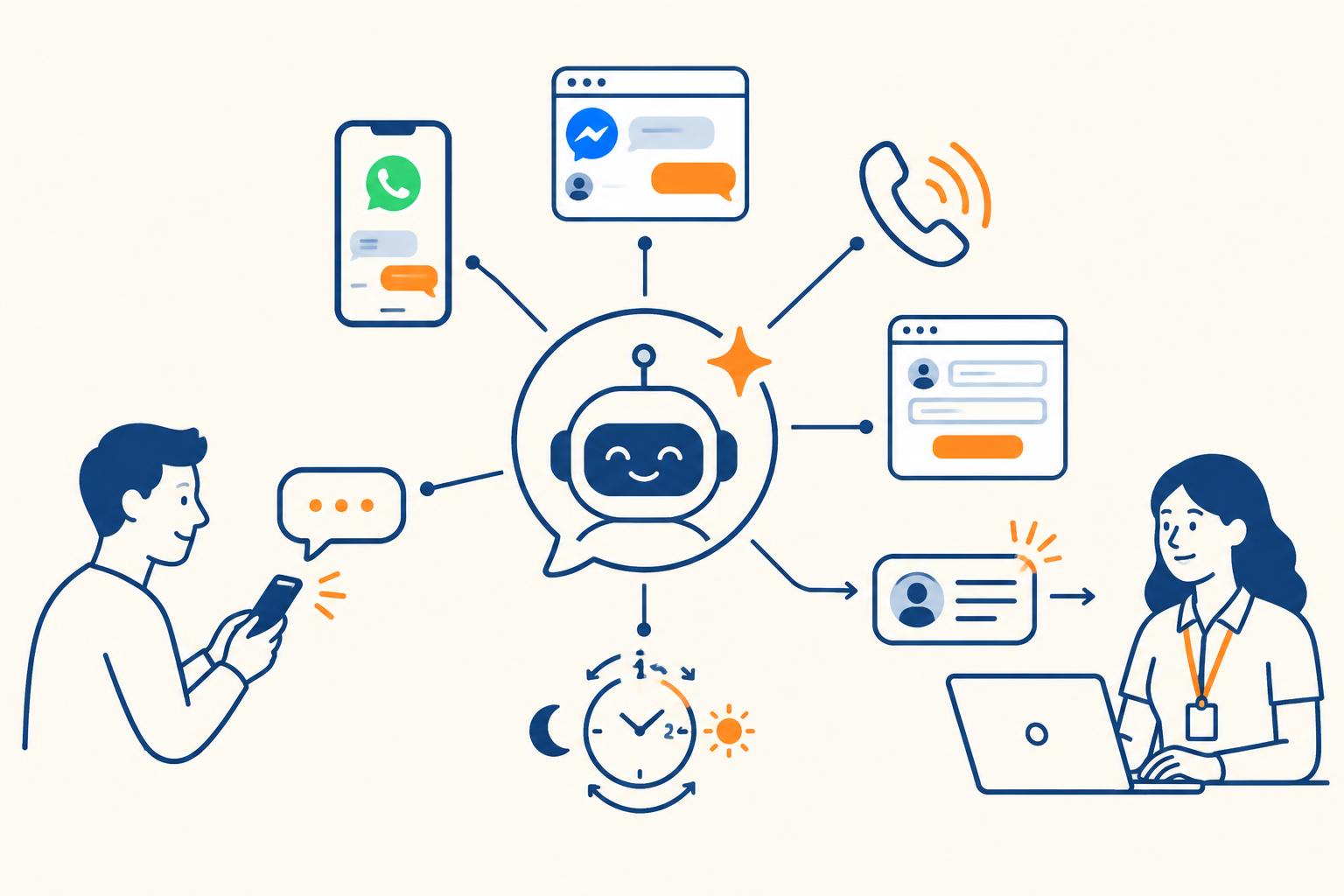 Ilustración lineal sobre fondo claro de un asistente digital de inteligencia artificial conectado a WhatsApp, Messenger, un teléfono, una página web y un reloj de 24 horas, entre un socio enviando un mensaje y una empleada de cooperativa recibiendo el dato de contacto
